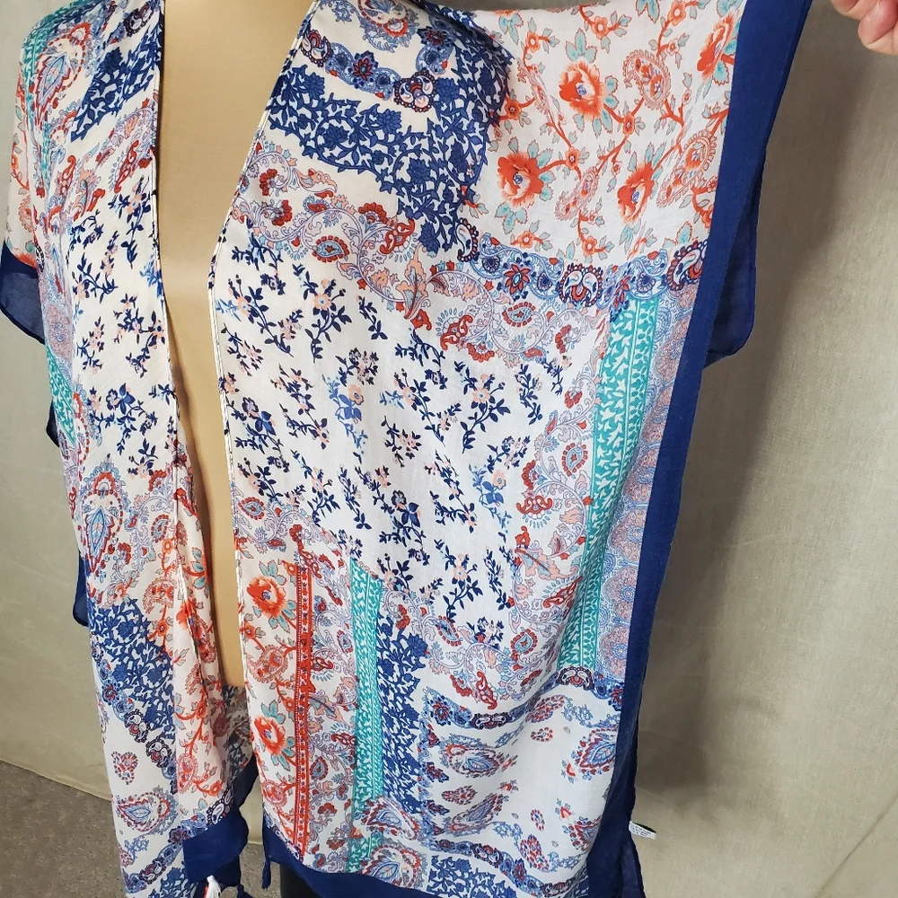 ♧ Open Patchwork Wrap with Tassels Blue Orange Teal & Cream One Size Viscose